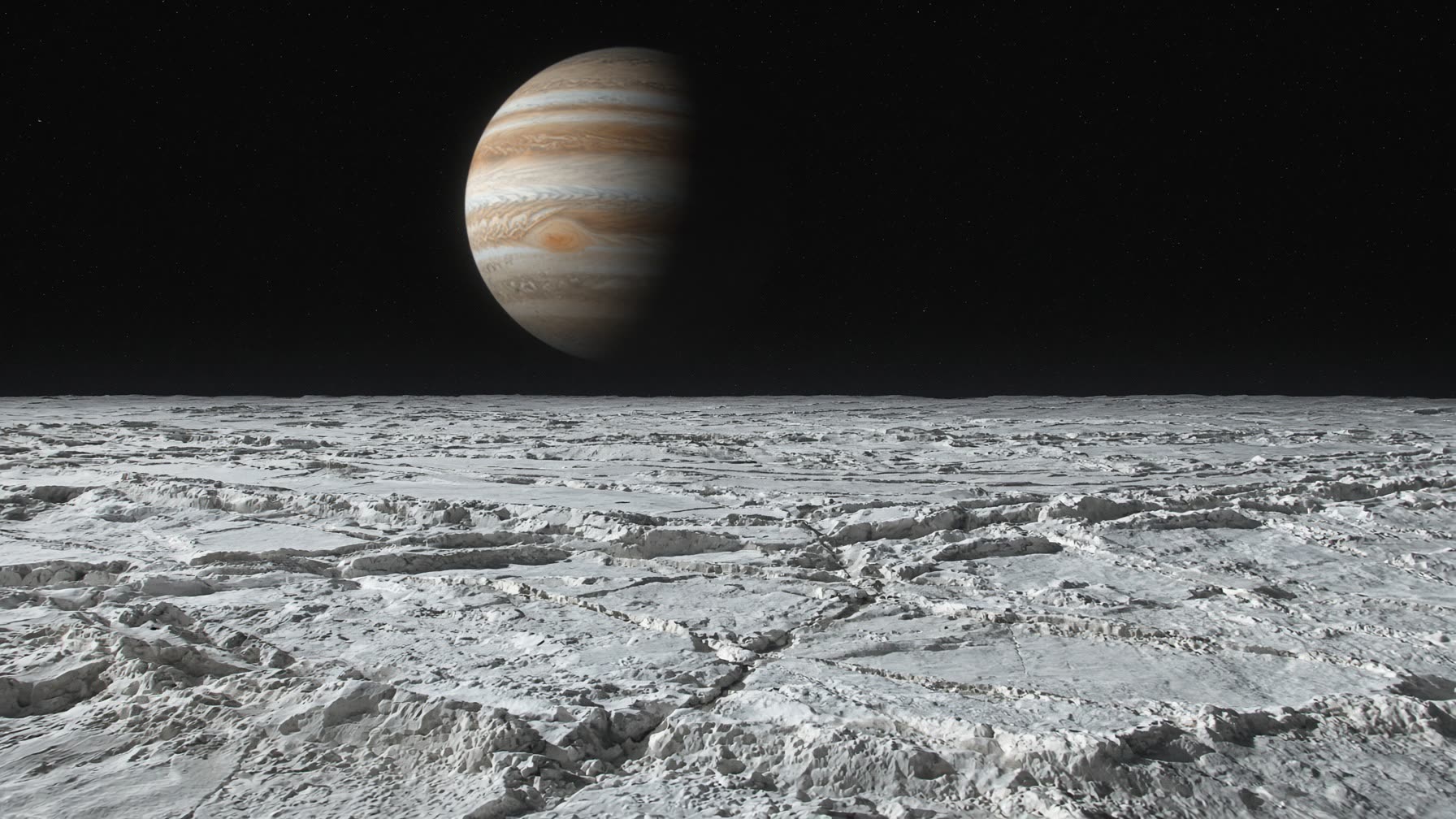 Cracked ridged ice stretching to a cold horizon, with huge banded Jupiter in a black sky. No people.