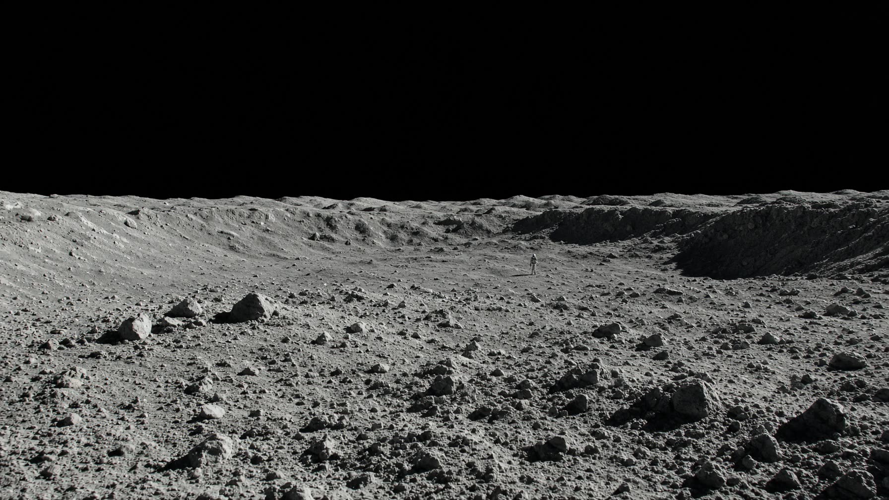 An airless grey lunar plain under a black sky, sharp shadows, a tiny distant suited explorer for scale.