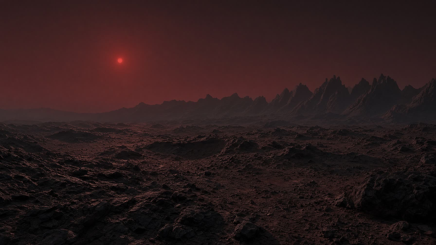 Artist concept of a rocky world under a small dim red sun. This is not a photograph of TRAPPIST-1e.